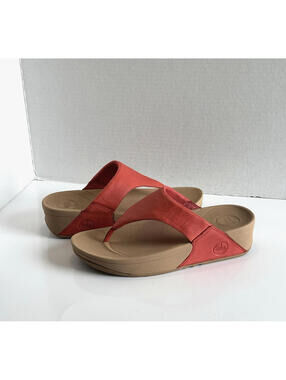 FitFlop Lulu Women's Comfortable Coral Leather Toe-Post Thong Sandals Wedge Sz 6